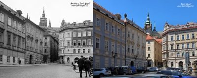 Слева на фотографиях 1965 и 2021 годов представлен Лихтенштейнский дворец, справа — дом «У Чёрного Орла»