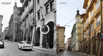 На фотографиях 1965 и 2020 годов справа возвышаются дворцы Смиржицких и Штернбергов